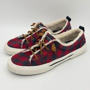 Sperry Red Black Plaid Check Shearling Lined Sneakers W 9.5 Camp Cottage Forest